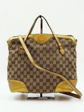 Gucci GG Canvas Gold Leather Trim Tote Bag Shoulder Crossbody Bag